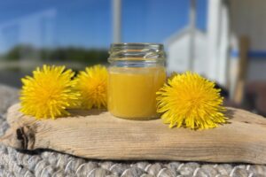 Glass med gyllen honning fra Bi-Smak, omgitt av løvetannblomster